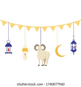 Festive decorative garland or bunting for Aid al adha mubarak muslim holiday with sheep and lanterns, flat vector illustration isolated on white background.