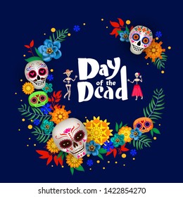 Festive decorative poster for Day of the Dead with flowers and sugar skulls