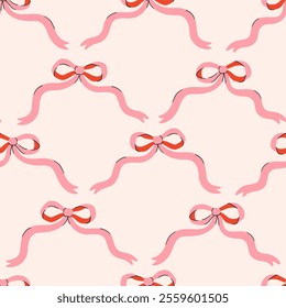 Festive decorative seamless pattern of coquette pink bows. Trendy ribbons background. Vintage bowknots backdrop for greeting cards, wedding, invitations. Hand drawn flat illustration