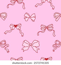 Festive decorative seamless pattern of coquette pink bows. Trendy ribbons background. Vintage bowknots backdrop for greeting cards, wedding, invitations. Hand drawn illustration