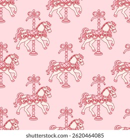 Festive decorative seamless pattern of vintage carousel horse, bow ribbon. Trendy background with whimsical animal. Vintage backdrop for greeting cards, wedding, invitations. Coquette retro aesthetic