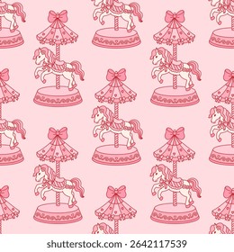 Festive decorative seamless pattern of vintage carousel horse, bow ribbon, hearts. Coquette background with whimsical animal. Vintage backdrop for greeting cards, birthday, christmas, invitations
