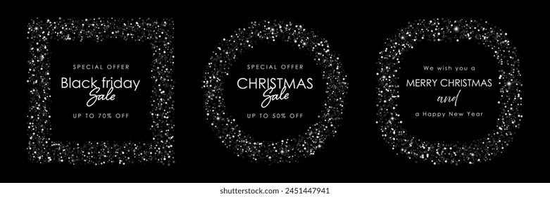 Festive Decorative Square and Circle Frame with Sparkles. Black Glitter border frame. Vector illustration