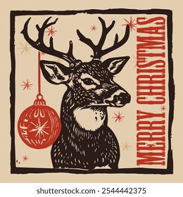 Festive Deer Woodcut Graphic. Rustic Merry Christmas Deer Illustration: Striking Monochrome Woodcut Design with Pop of Red for Holiday Cards, Invitations, and Seasonal Decor.