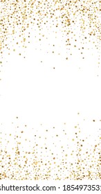 Festive delicate confetti. Celebration stars. Gold confetti on white background. Good-looking festive overlay template. Vertical vector background.