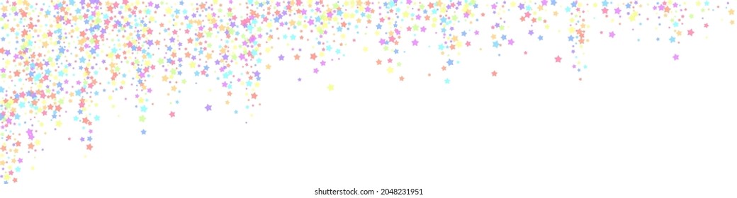 Festive delicate confetti. Celebration stars. Colorful stars dense on white background. Admirable festive overlay template. Panoramic vector background.