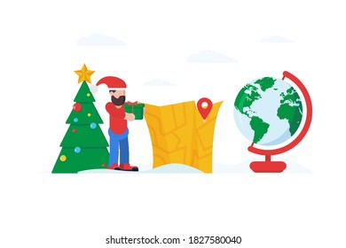 Paquete de servicio de entrega festivo. Difusión de navidad y regalo situaciones conceptuales. Caricatura de Feliz Navidad y Feliz Año Nuevo. - Vector