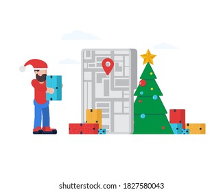 Festive delivery service bundle. Courier delivery christmas tree and gifts conceptual situations. Merry Xmas and Happy New Year celebration cartoon. - Vector