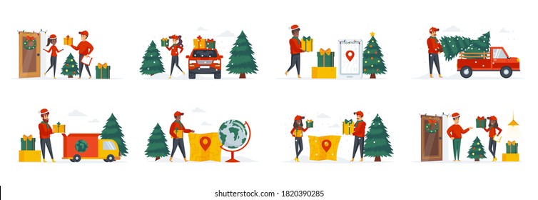 Festive delivery service bundle of scenes with people characters. Courier delivery christmas tree and gifts conceptual situations. Merry Xmas and Happy New Year celebration cartoon vector illustration