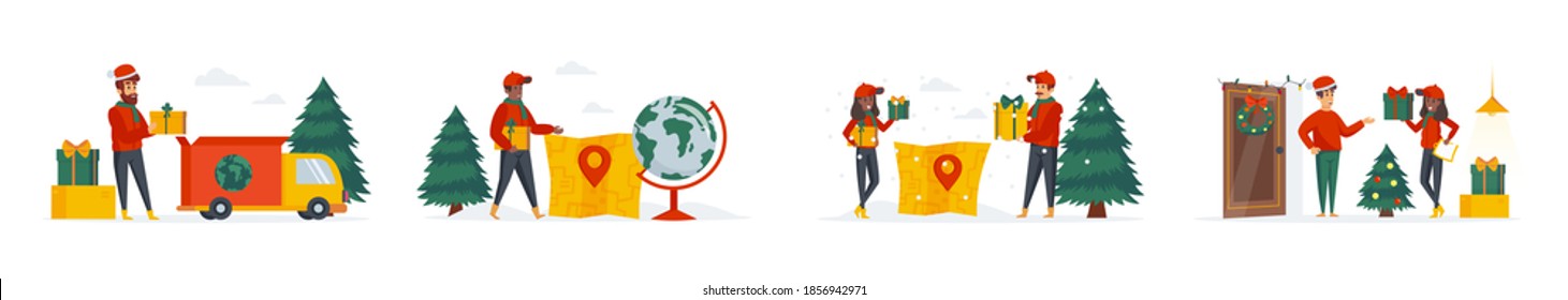 Festive delivery service bundle of scenes with people characters. Courier delivery christmas tree and gifts conceptual situations. Merry Xmas and Happy New Year celebration cartoon vector illustration