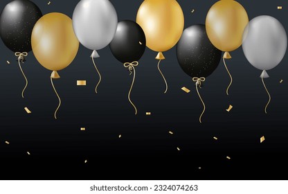 Festive design with 3D realistic gold and black balloons. Stylish poster, cover, banner, website, mobile app, for greeting card or party invitation. Vector