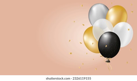 Festive design with 3D realistic gold and black balloons. Stylish poster, cover, banner, website, mobile app, for greeting card or party invitation. Vector