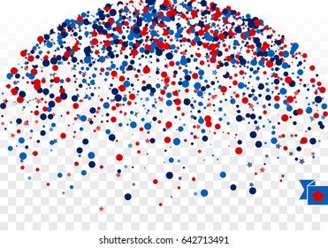 Festive design background concept with confetti of circles, stars in traditional American colors - red, white, blue. Isolated.
