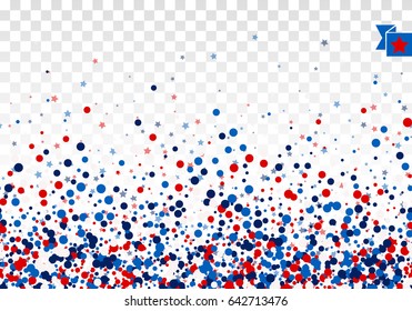 Festive design background concept with scatter circles, stars in traditional American colors - red, white, blue. Isolated on transparent background.