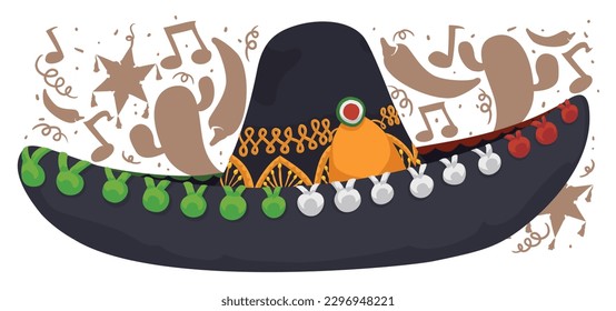 Festive design with black mariachi hat decorated with Mexican colors and silhouettes of elements of this culture.