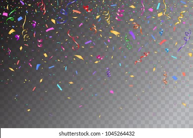 Festive Design. Border Of Colorful Bright Confetti Isolated On Transparent Background. Party Decoration Frame For Birthday, Anniversary, Celebration. Vector Illustration, Eps 10