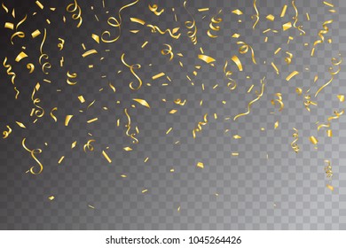 Festive design. Border of gold bright confetti isolated on transparent background. Party decoration frame for birthday, anniversary, celebration. Vector illustration, eps 10
