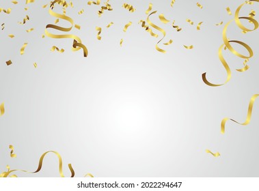 Festive design. Border of gold bright confetti isolated on white background. Party decoration frame for birthday, anniversary, celebration.