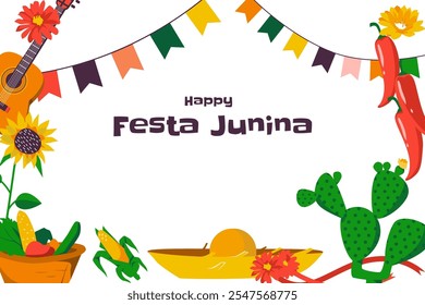 Um design festivo comemorando a Festa Junina, com bunting colorido, um violão, girassóis, pimentos, cactos e itens de comida tradicional como milho e frutas.