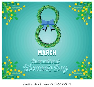 A festive design celebrating International Women's  Day on March 8, featuring a floral wreath with a blue bow and decorative accents, symbolizing unity and appreciation. 