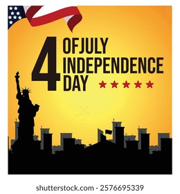 Festive design celebrating July 4th Independence Day featuring the Statue of Liberty, cityscape, and patriotic colors. Flat vector modern illustration 