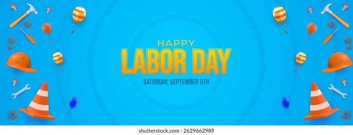 Festive design celebrating Labor Day features construction themed decorations such as tools, hard hats, and balloons, emphasizing the theme of hard work, unity, and appreciation for workers.