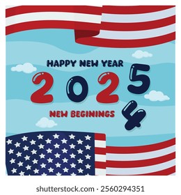 A festive design celebrating the New Year 2025 with patriotic American elements, including a flag and cheerful. Perfect for holiday greetings, social media, or festive event promotion. 