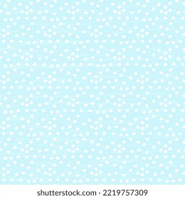 Festive design. Cheerful background. Cute vector illustration with scattered white polka dots on a light blue background. Seamless, artistic, textured.