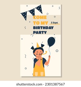 Festive design for children's birthday party with a child. Template for flyer, postcard, invitation. Vector illustration in hand drawn style