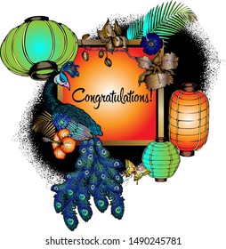 Festive design with chinese lanterns and peacock. Suitable for cards, invitations, posters, t-shirts.