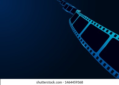 Festive design with cinema film strip isolated on blue background. Cinema festival poster or flyer template for your design. Movie time and entertainment concept. Vector illustration