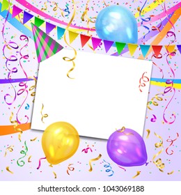 Festive design. Colorful bright confetti, realistic colorful air balloons and white sheet. Party decoration for birthday, anniversary, celebration. Vector illustration, eps 10