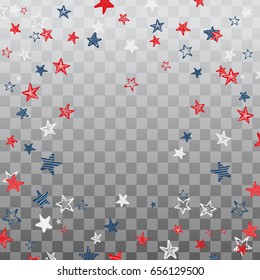 Festive design concept with falling USA celebration confetti hand drawn stars in national colors for American independence day isolated on transparent background. 