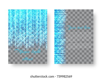 Festive design of the cover of the catalog with bright beams of blue light for a Christmas decoration on a transparent background