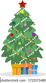 Festive design element. Christmas tree. New Year. There are toys and gifts. White background. Can be used for sites, cards, tabs.