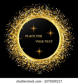 Festive design element Golden shiny circles on a black background Golden glitter