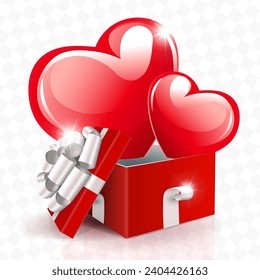 A festive design element, a red box with a white bow, two hearts with glitter inside the box.