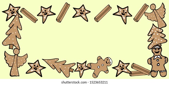 Festive design elements: cookies, cinnamon. New Year card. Copy space. Vector illustration
