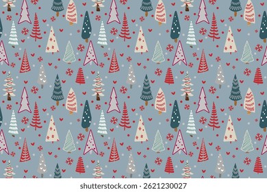 Festive design features array of stylized christmas trees Different colors Seamless vector pattern interspersed hearts snowflakes Creating holiday atmosphere Wrapping paper design Gray background
