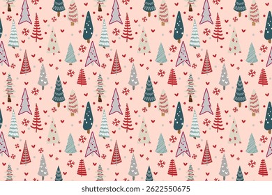 Festive design features array of stylized christmas trees Different colors Seamless vector pattern interspersed hearts snowflakes Creating holiday atmosphere Wrapping paper design Pink background
