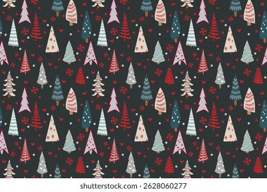 Festive design features array of stylized christmas trees Different colors Seamless vector pattern interspersed hearts snowflakes Creating holiday atmosphere Wrapping paper design Dark Gray background