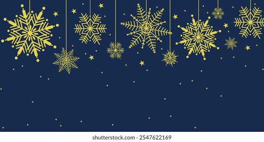 A festive design featuring hanging golden snowflakes and stars on a deep blue background, perfect for Christmas cards, invitations, or seasonal decorations