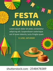 A festive design for Festa Junina featuring colorful decorations like paper lanterns, fans, and a straw hat. The background is green, and the text is bold and cheerful, announcing the event date.