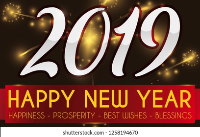 Festive design with fireworks display, silver sign and greeting ribbon for the upcoming celebration of new year 2019.