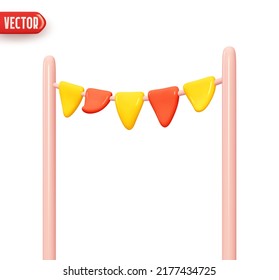 Festive design with flags. Party decorative frame. Realistic 3d design element In plastic cartoon style. Isolated on white background. Vector illustration