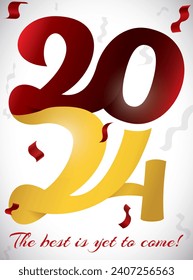 Feierliches Design 2024 Neujahr mit roten und goldenen Bändern mit roten Bändern auf Hintergrund und Gruß.