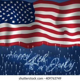 Festive design for fourth of July Independence Day USA. With realistic american flag, firework and glitter text.