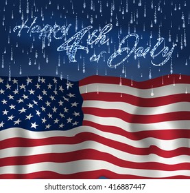 Festive design for fourth of July Independence Day USA. With realistic american flag, firework and glitter text.