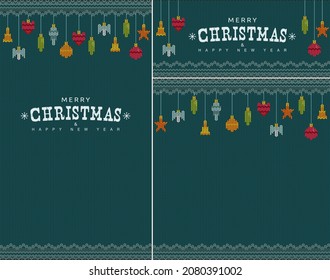 Festive design with frame. Knitted pattern with angel, heart, star, bell, Merry Christmas. Design for greeting cards, gifts, headers, stickers, banners, packing, package bag, posters, t shirt