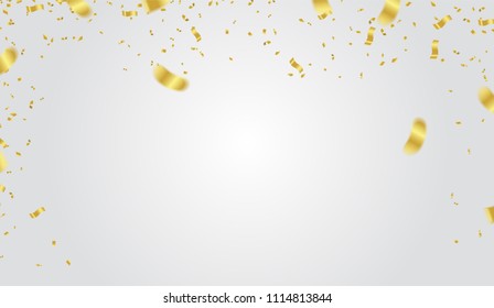 festive design. Gold Border of colorful bright confetti isolated on transparent background. Party decoration frame for birthday, anniversary, celebration. Vector illustration